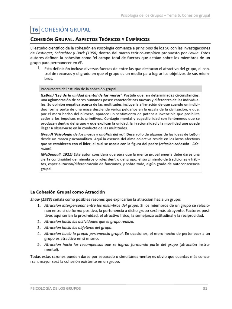 Cohesión Grupal en Psicología de Grupos | PDF | Cohesión grupal ...