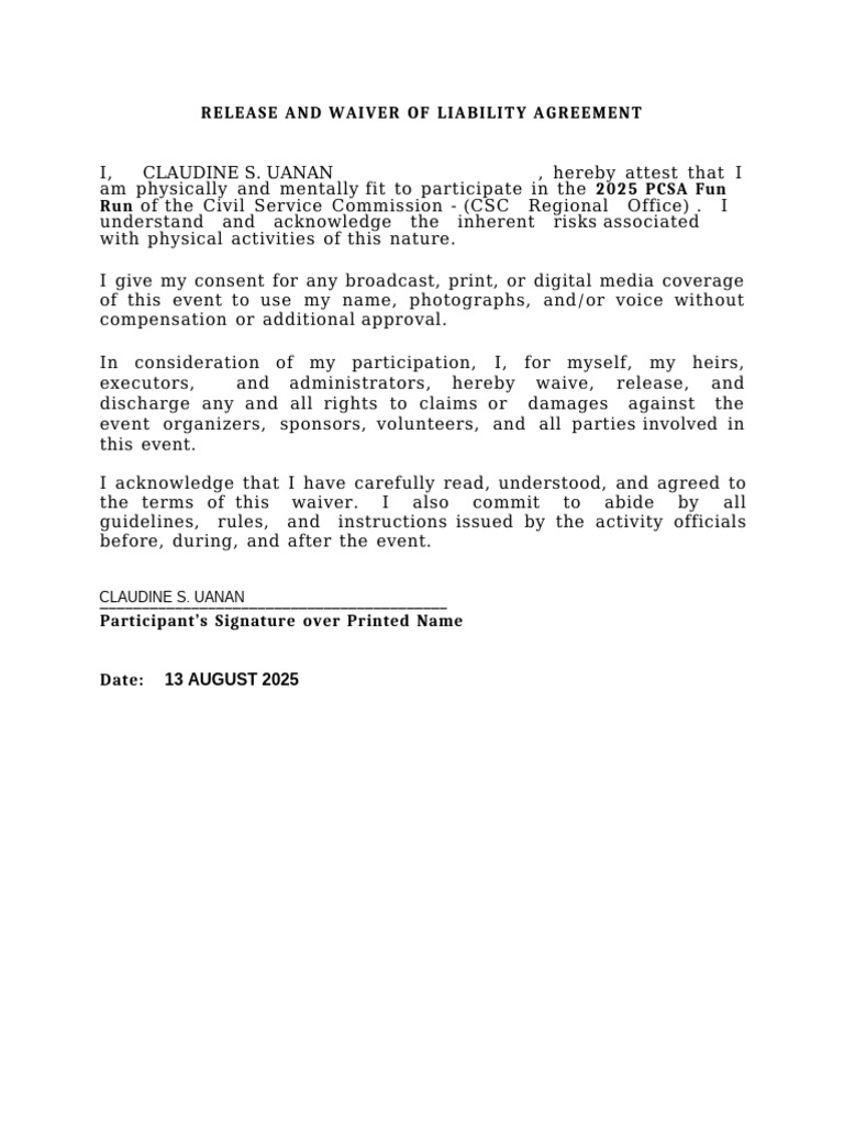 Waiver For Participants of PCSA Fun Run 2025 | PDF