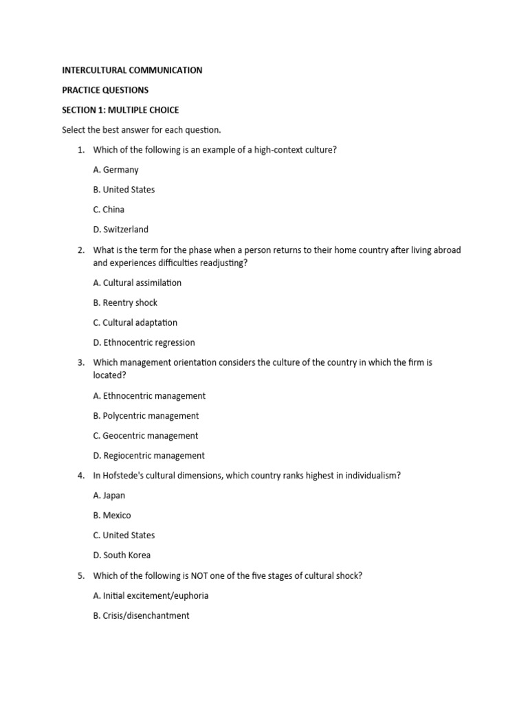Intercultural Communication Practice Quiz | PDF | Communication ...