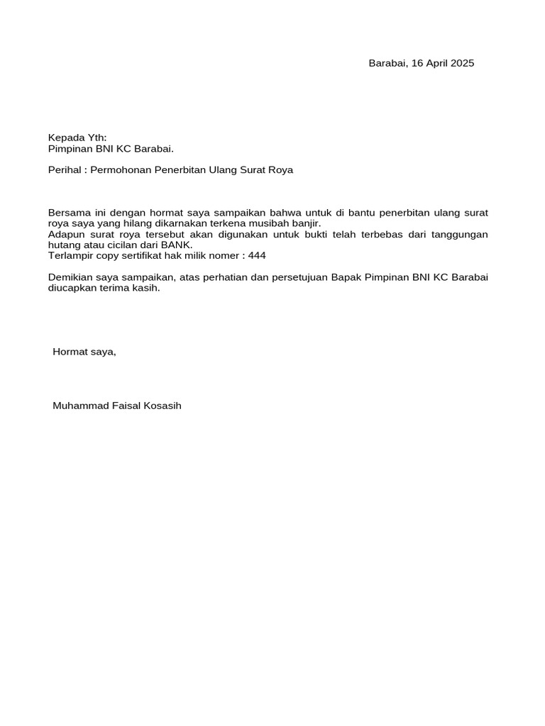 Permohonan Surat Roya BNI Barabai | PDF