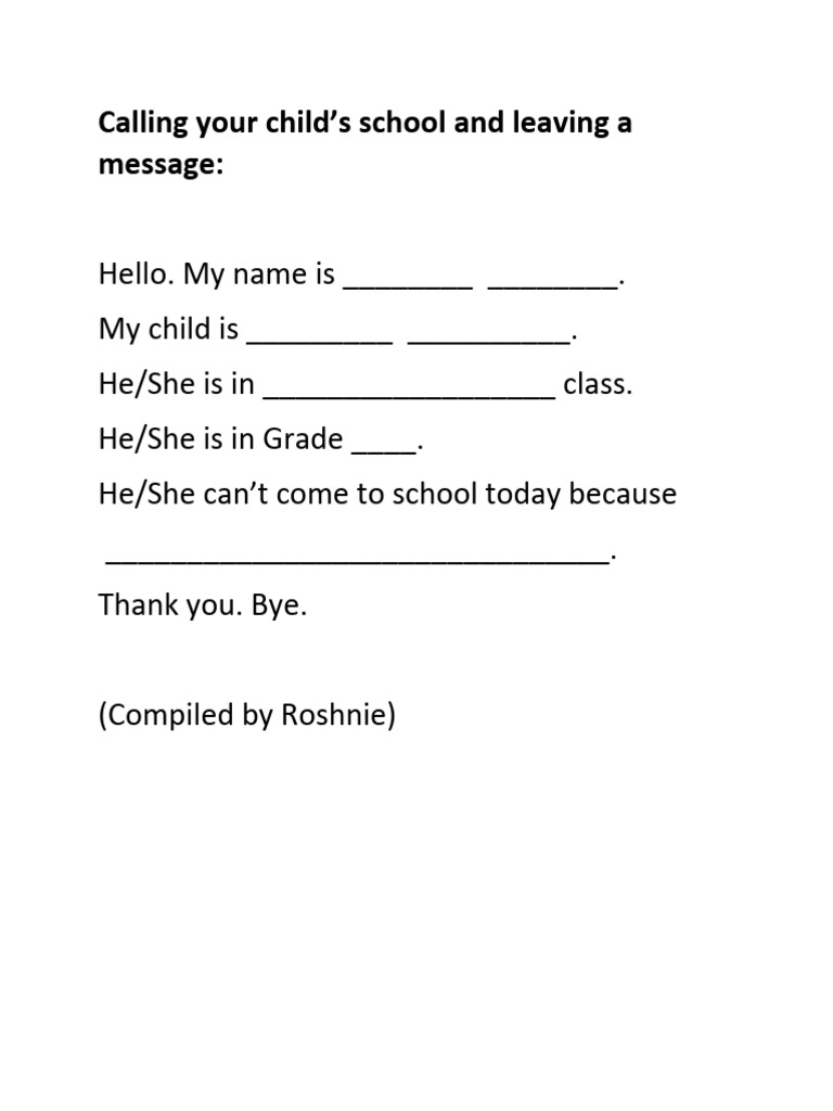 Grade 1 Absence Message Template | PDF