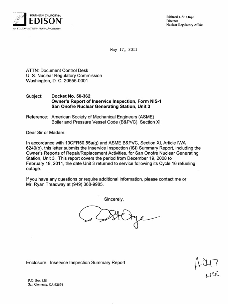 ML11139A273 - Owner's Report of Inservice Inspection, Form