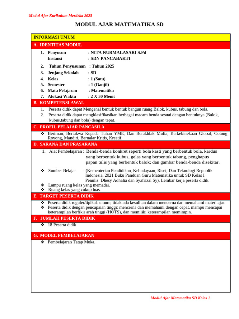 Modul Ajar Matematika Kelas 1 SD 2025 | PDF