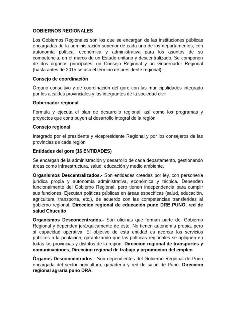 Estructura y Funciones de Gobiernos Regionales | PDF | Gobierno local ...