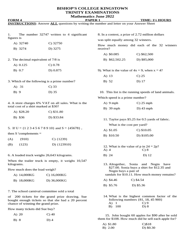 Bishop's College Mathematics Exam 2022 | PDF | Rectangle