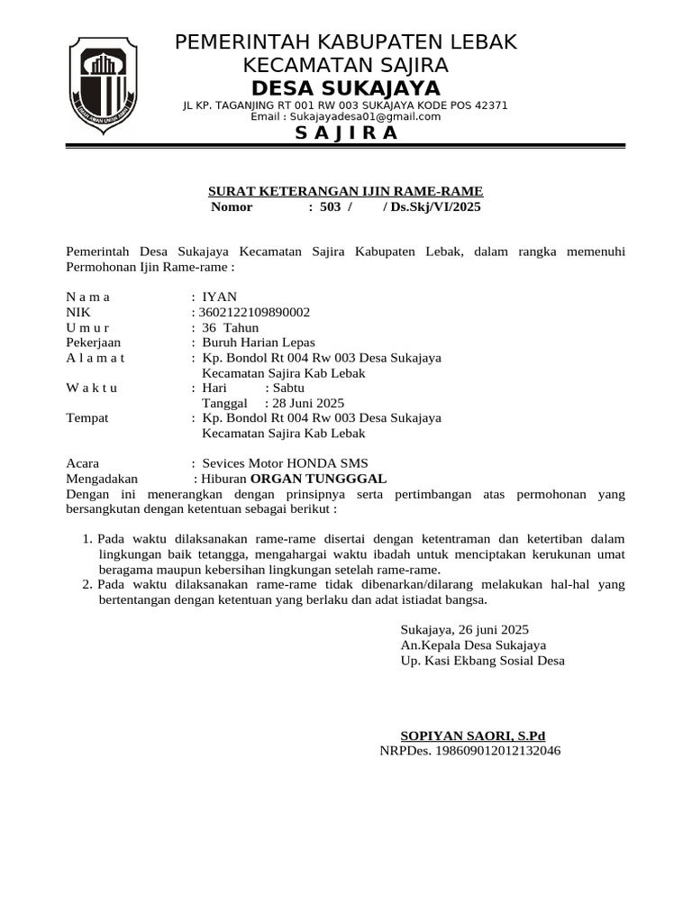 Surat Izin Keramaian Desa Sukajaya | PDF
