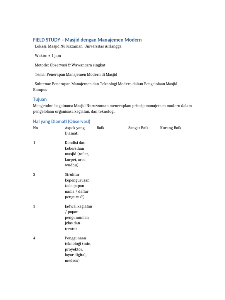 Template Field Study Masjid Modern 10 Aspek 10 Pertanyaan | PDF