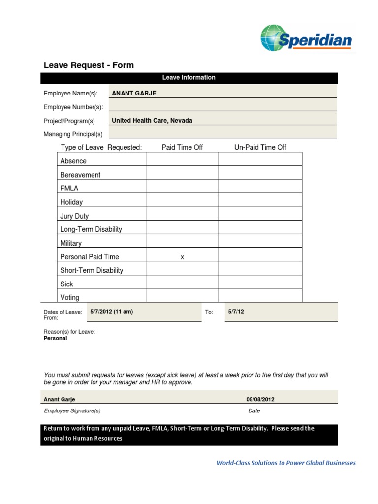 Employee Leave Request Form | PDF