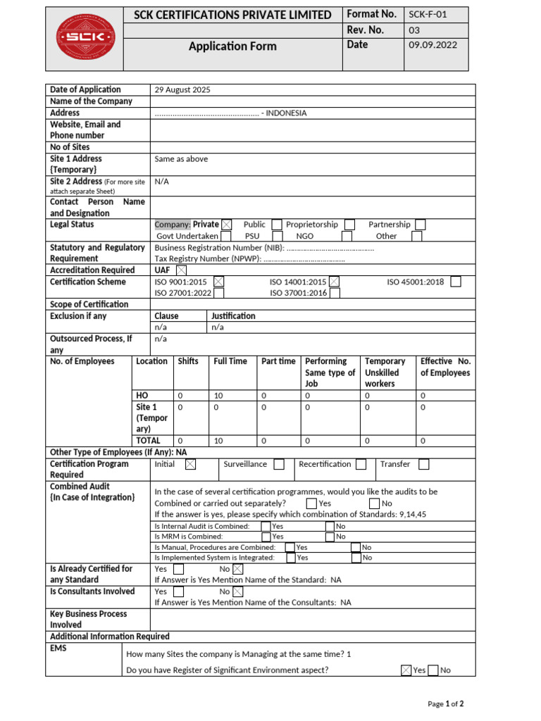 Sck-f-01 - Application - Form - (Name of Company) - Iso 9001 & Iso ...