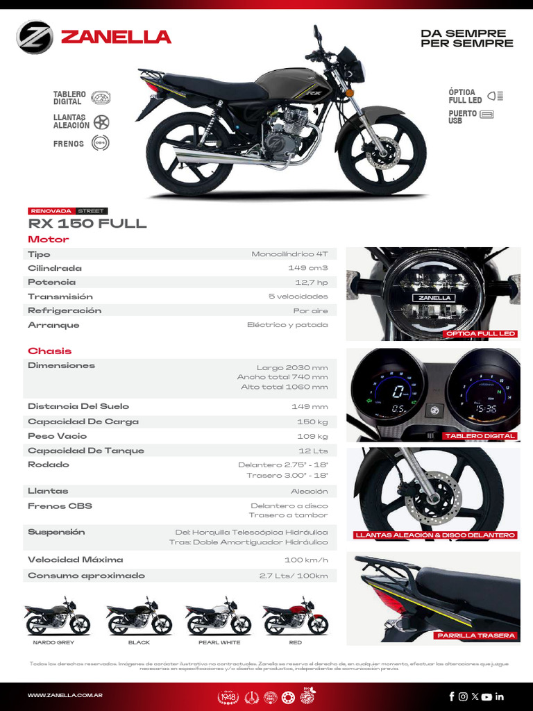 Ficha Técnica Zanella RX 150 Full | PDF | Tecnologías automotrices ...
