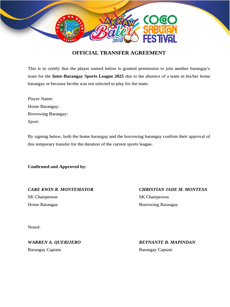 Inter-Barangay Sports Transfer Agreement | PDF