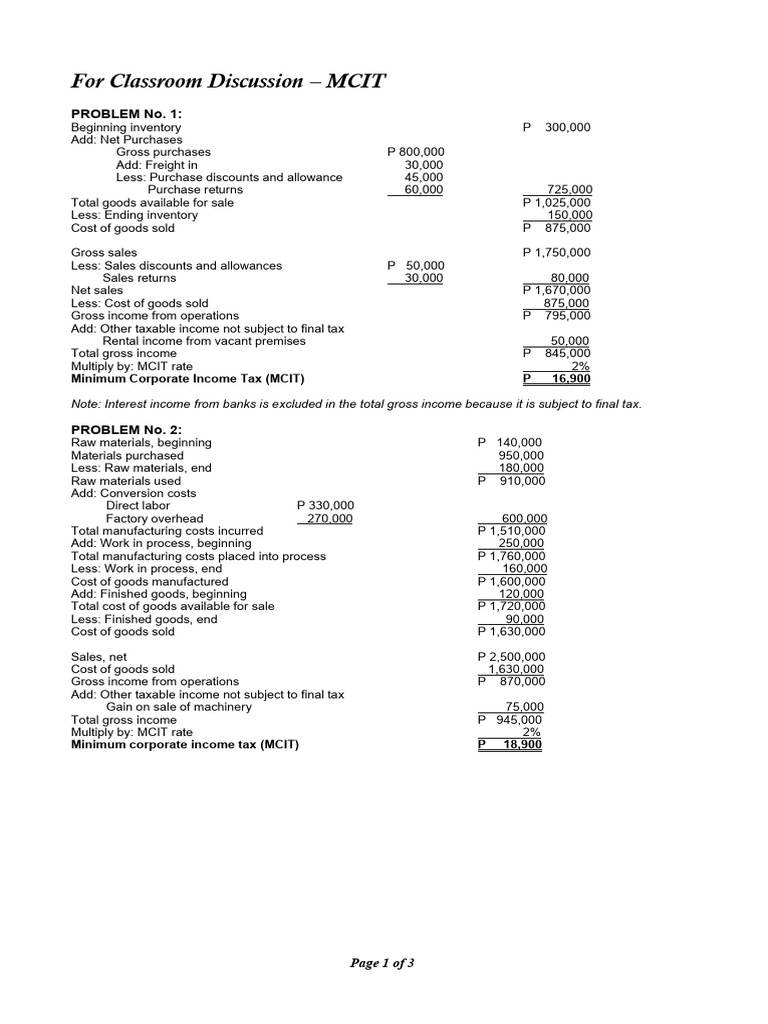For Classroom Discussion MCIT Solutions | PDF | Cost Of Goods Sold ...