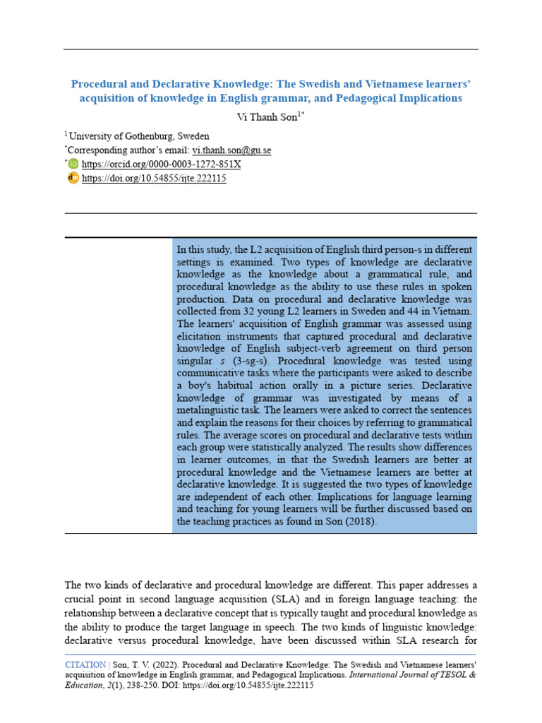 Son - 2022 - Procedural and Declarative Knowledge The Swedish and ...