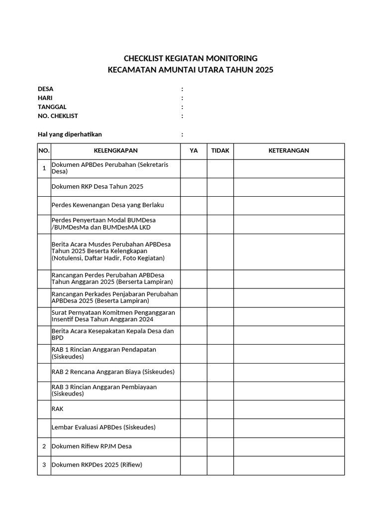 Checklist Monitoring Desa 2025 Amunta Utara | PDF