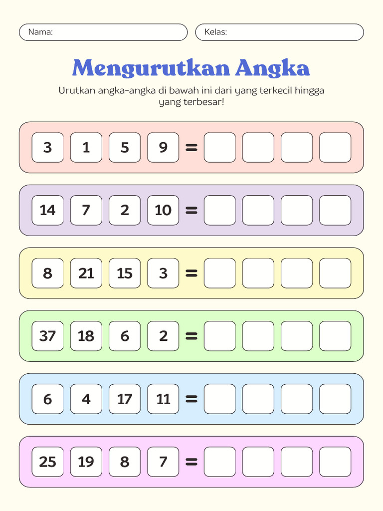 Lembar Kerja Matematika Mengurutkan Angka Berwarna Pastel Sederhana | PDF