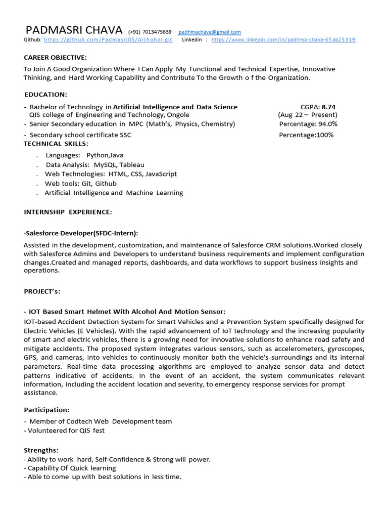 Chava Padmasri Resume | PDF | Internet Of Things | Artificial Intelligence