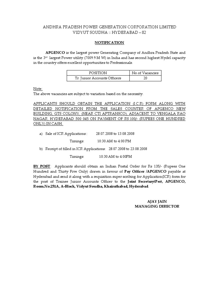 Apgenco Recruitment 2017 Apply Trainee Junior Accountant Junior - jao apgenco test assessment business