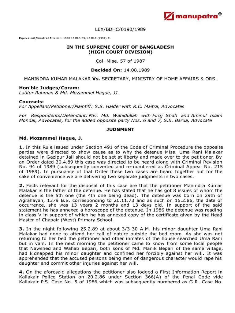 Manindra Kumar Malakar Vs Secretary Ministry of Hobdhc890190com654792 ...