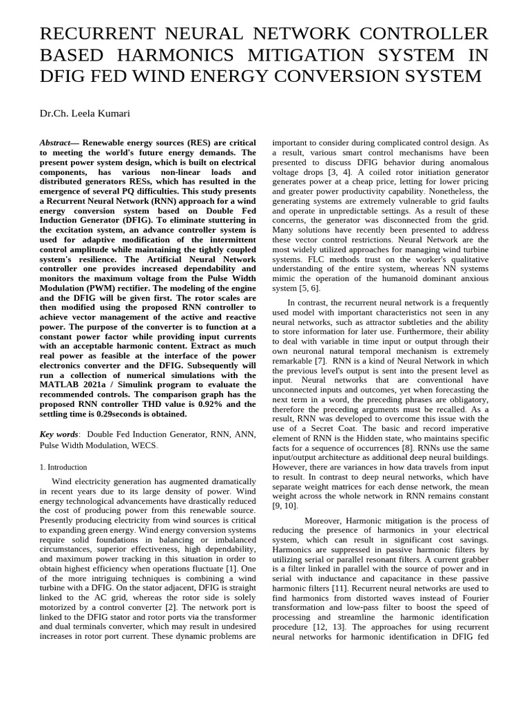 RNN-Based Harmonics Mitigation in DFIG | PDF | Electric Generator ...