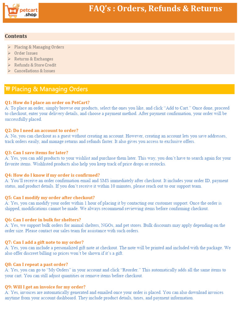 PetCart Orders, Refunds & Returns FAQ | PDF | Credit Card
