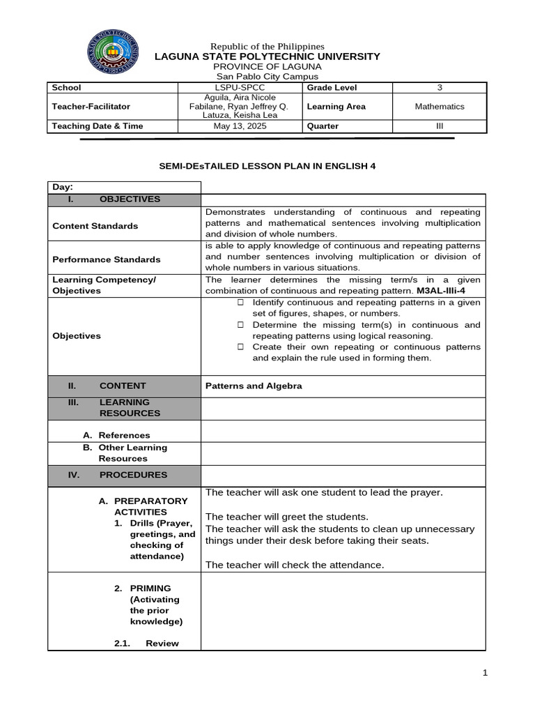 Grade 3 Math Lesson Plan: Patterns | PDF | Mathematics | Learning