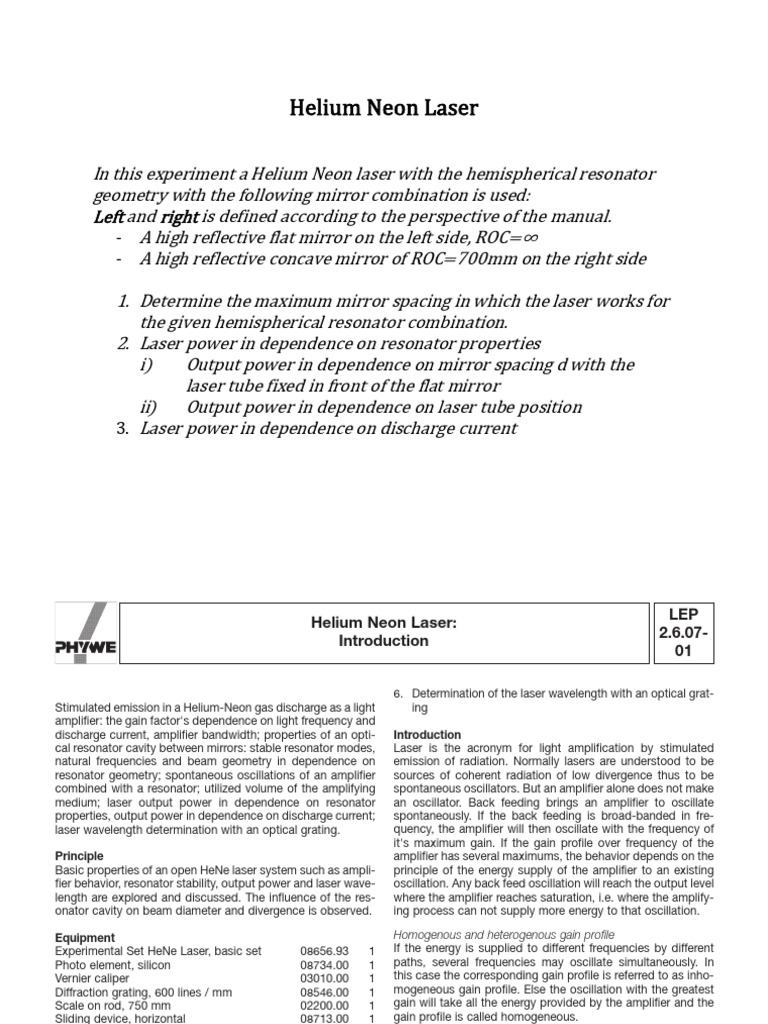 Helium Neon Laser Experiment Guide | PDF | Laser | Optics