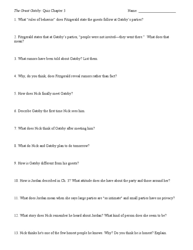 The Great Gatsby Ch. 3 Quiz The Great Gatsby