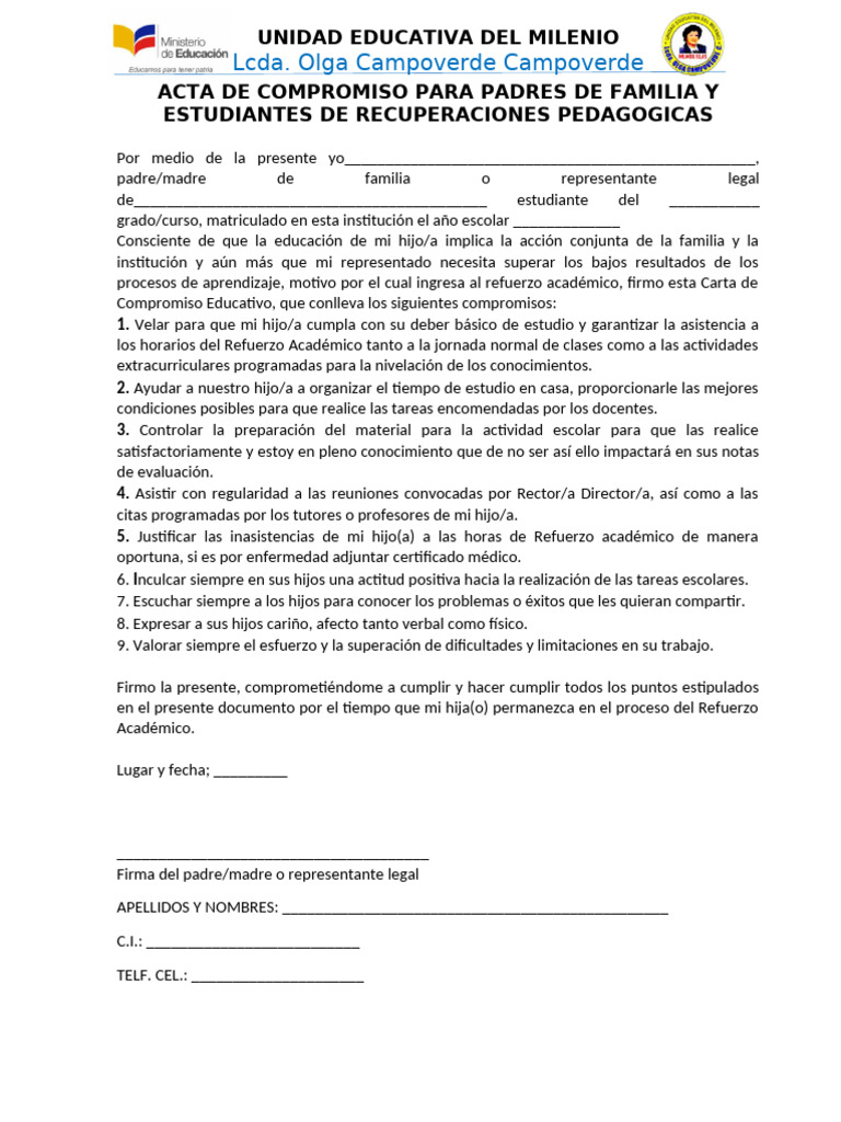 Acta de Compromiso para Padres de Familia - Escuela | PDF | Maestros ...