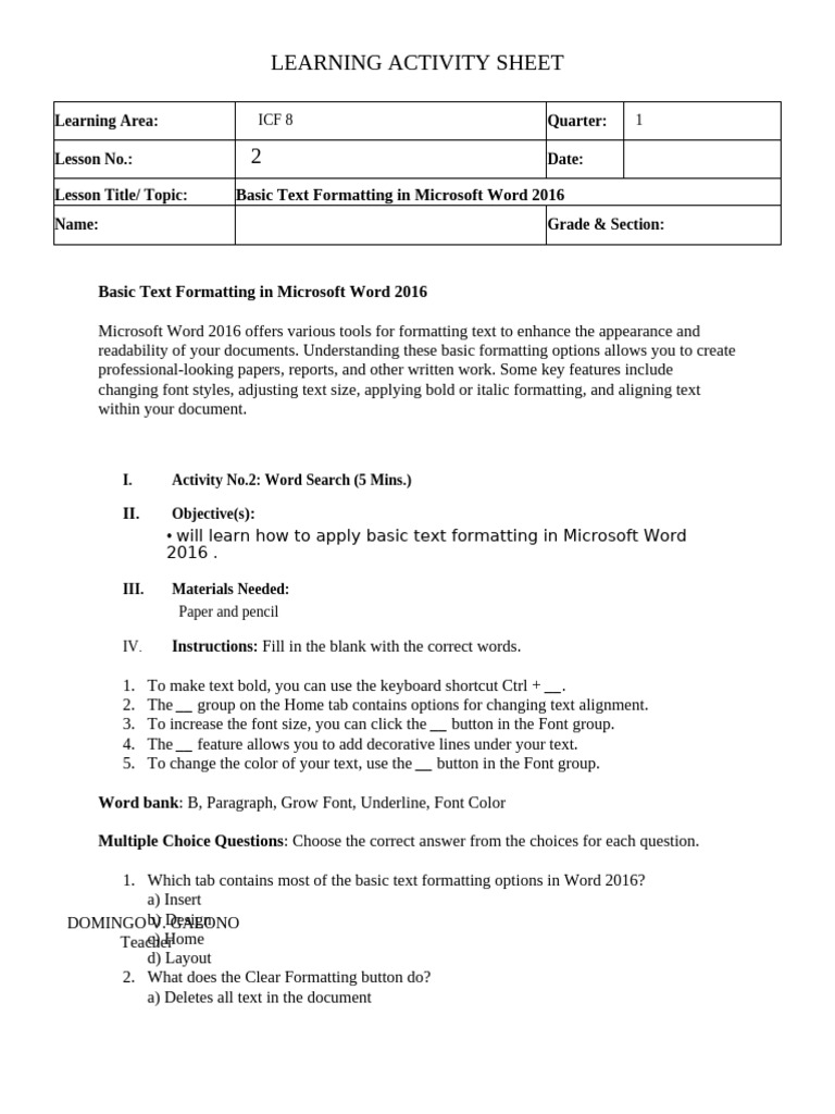 Basic Text Formatting in Word 2016 | PDF | Microsoft Word | Typefaces