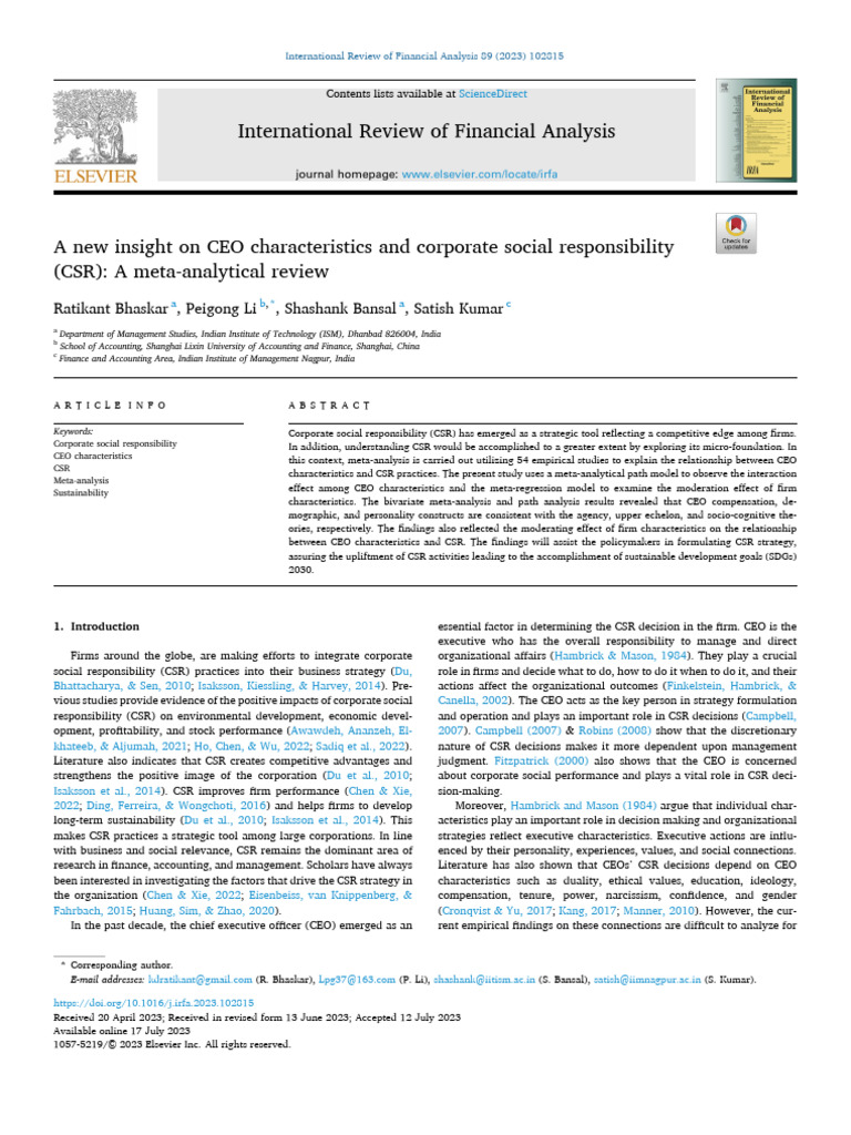 CEO Traits and Corporate Social Responsibility | PDF | Corporate Social ...