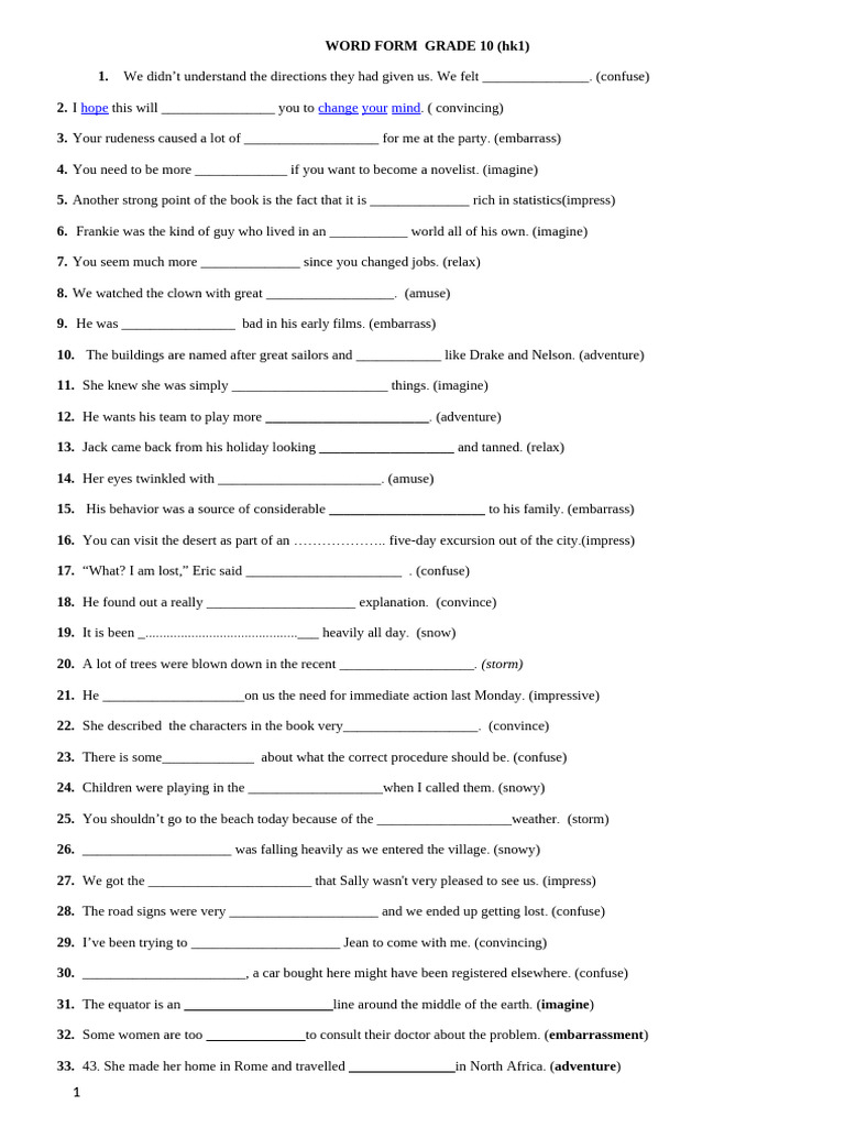 Grade 10 Word Form Exercises | PDF
