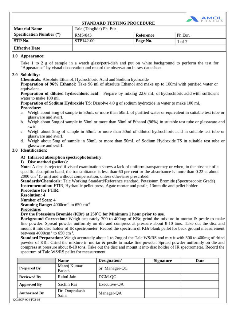 Talc Testing Procedure Ph. Eur. Standards | PDF | Acid | Sodium