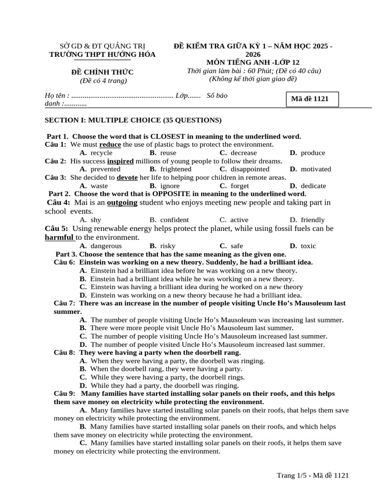 English Midterm Exam for Grade 12 | PDF | Natural Environment