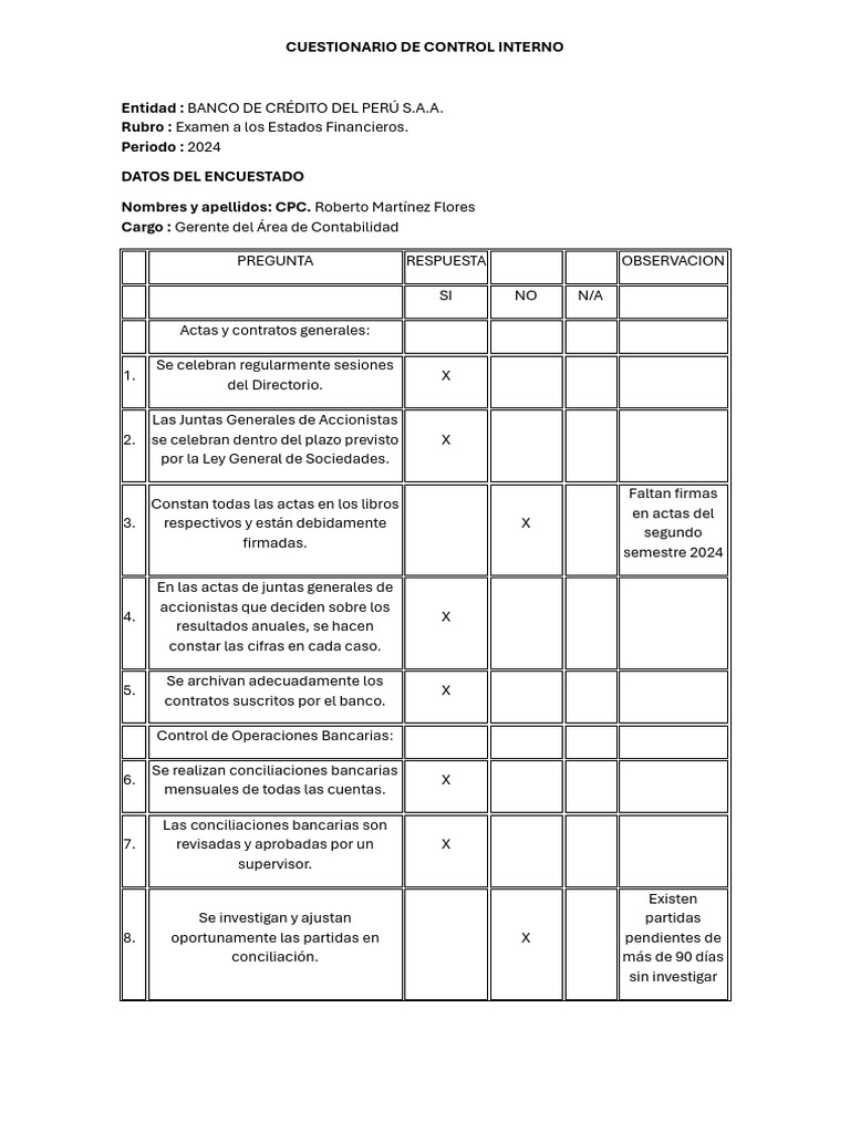 Cuestionario de Control Interno 2024 | PDF | Estado financiero ...