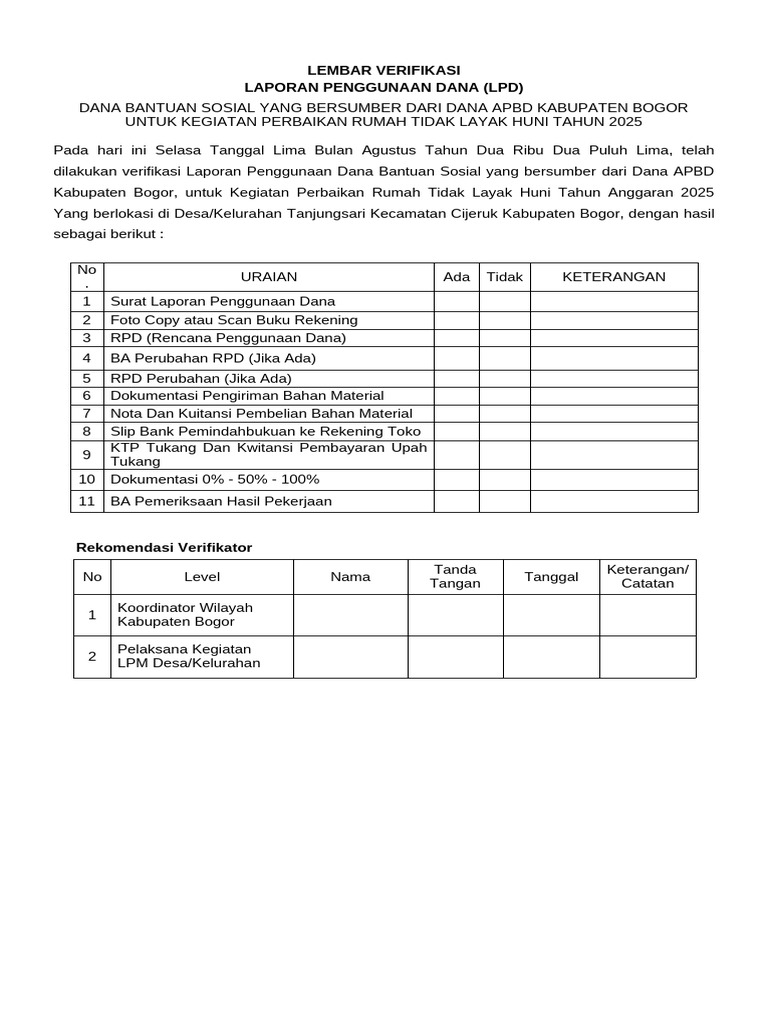 Verifikasi Penggunaan Dana RTLH 2025 | PDF