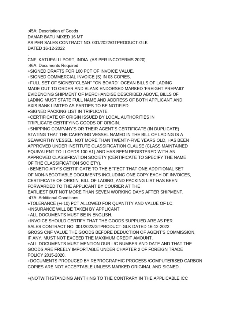 LC Damar Batu - India - PT. Global Utama Kalimantan | PDF | Letter Of ...