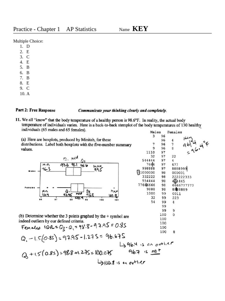 AP Statistics Chapter 1 Practice Key | PDF