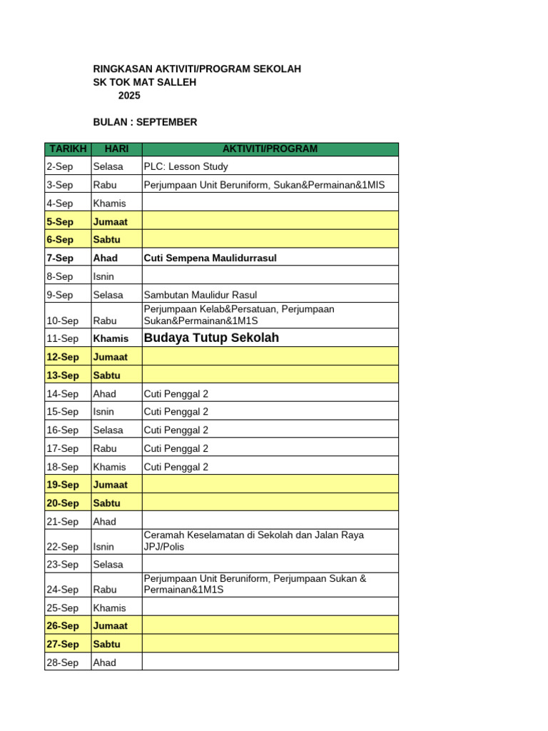 Aktiviti Sekolah SK Tok Mat Salleh 2025 | PDF