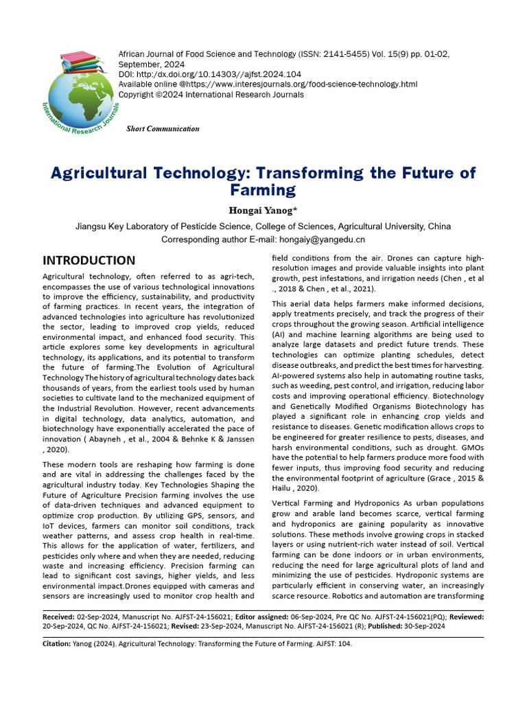 Agricultural Technology Innovations | PDF | Agriculture | Biotechnology