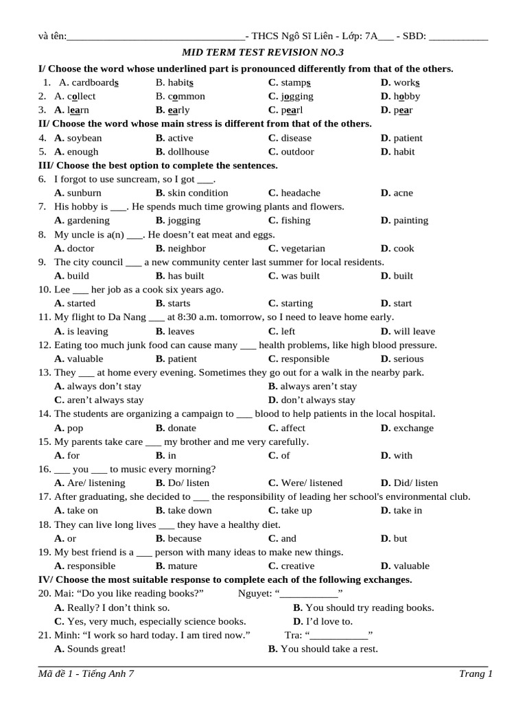 7th Grade English Midterm Test Revision | PDF | Scouting | Diet (Nutrition)