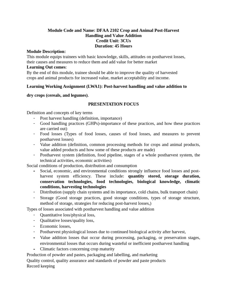 C&a Post Harvest Handling and Value Addition Presentation Summary-1 ...