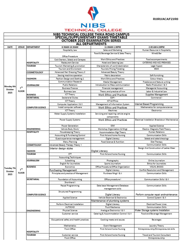 Oct 2025 Special & Supplimentary Exams Timetable | PDF | Engineering ...