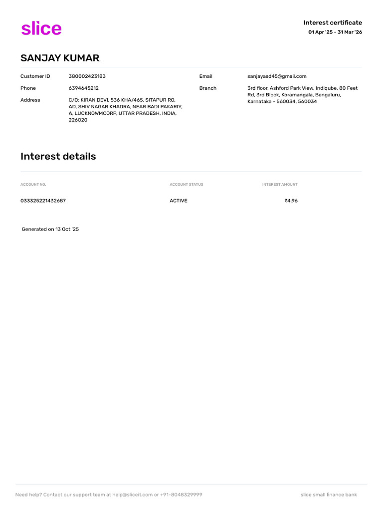 Slice Bank Savings Interest Certificate FY 25 26 | PDF