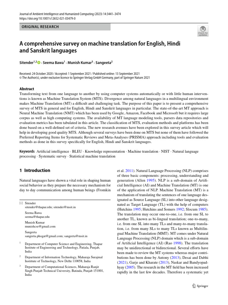 A Comprehensive Survey On Machine Translation For English, Hindi | PDF ...