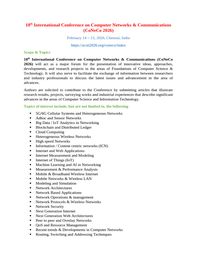 CoNeCo 2026: Call for Papers | PDF | Computer Network | Internet