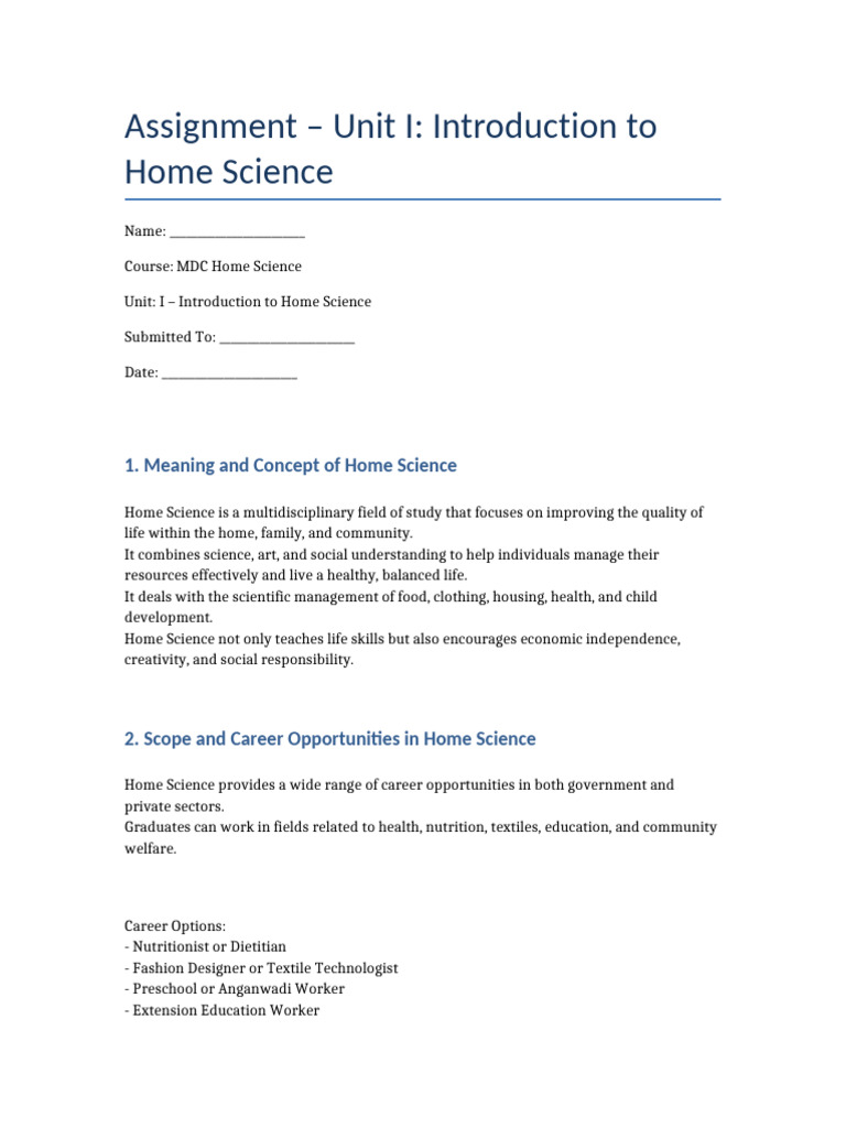 Unit 1 Home Science Assignment | PDF | Nutrition | Diet & Nutrition