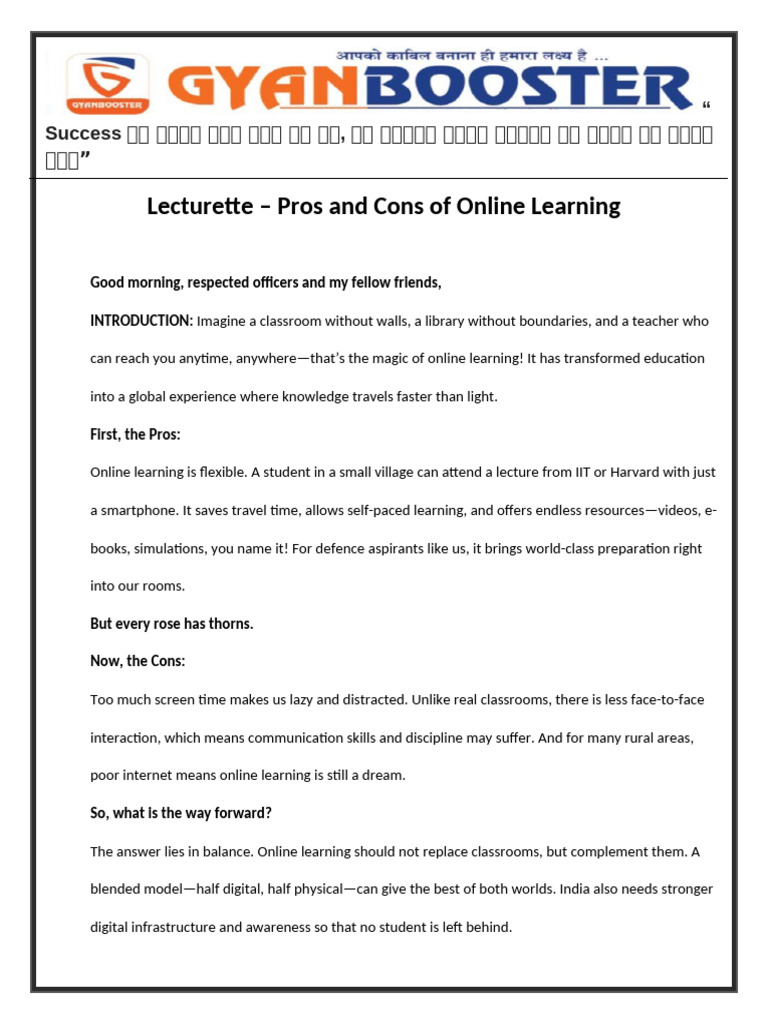 Lecturette - Pros and Cons of Online Learning | PDF | Educational ...