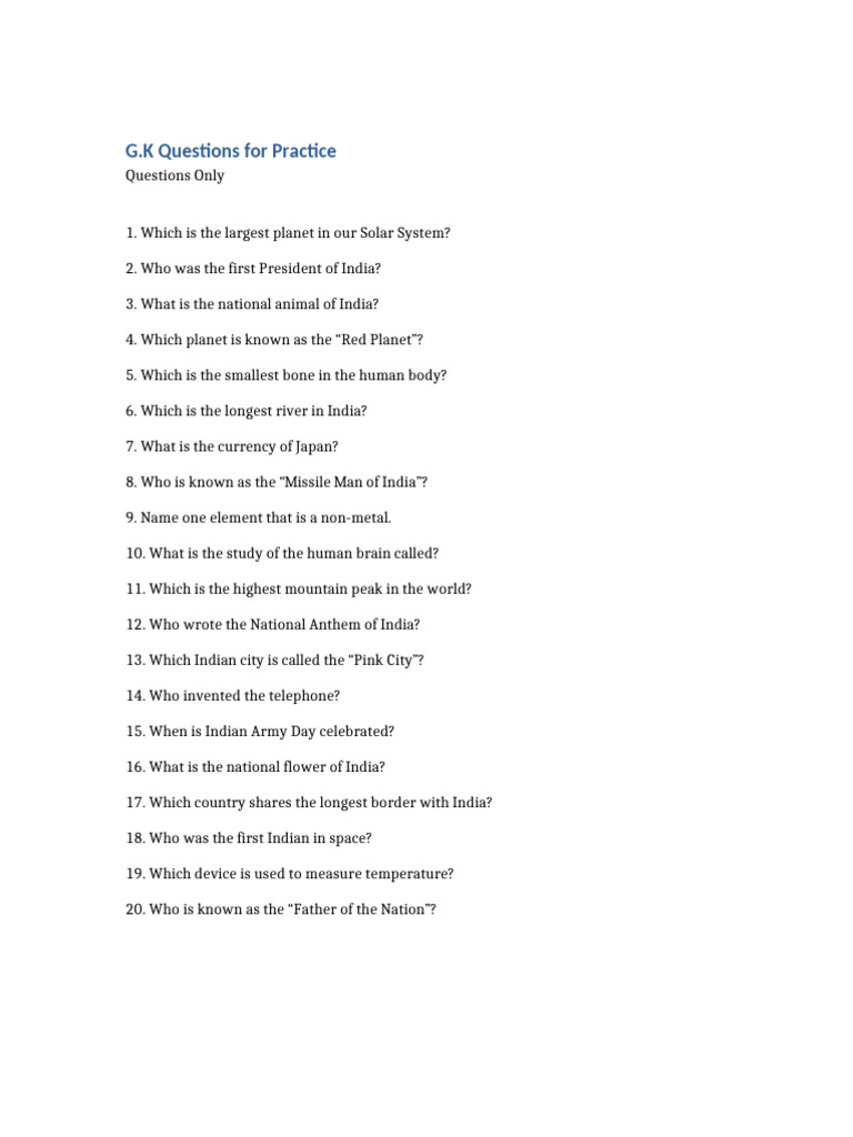 General Knowledge Practice Questions | PDF