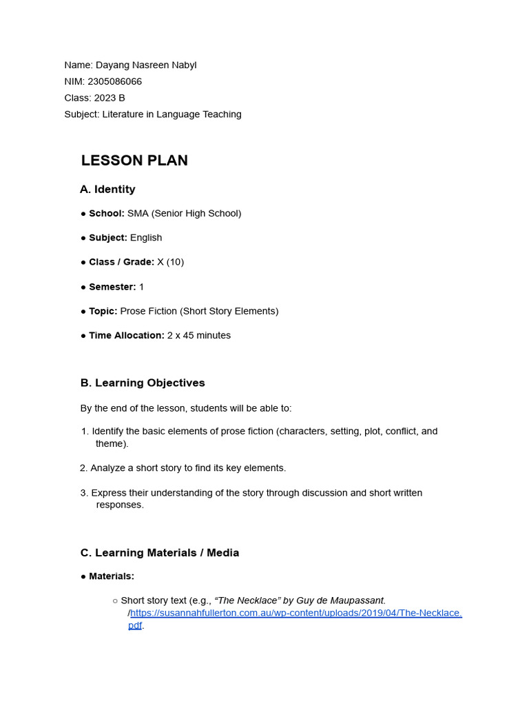 Lesson Plan: Prose Fiction Elements | PDF | Cinderella | Learning
