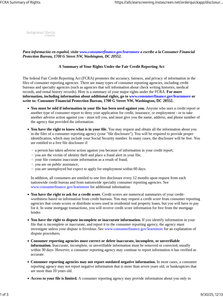 FCRA Summary of Rights | PDF | Credit Score | Credit Bureau